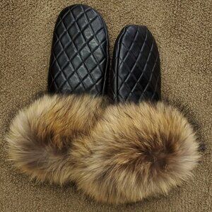 Black Leather Quilted Lined Mittens with Fur